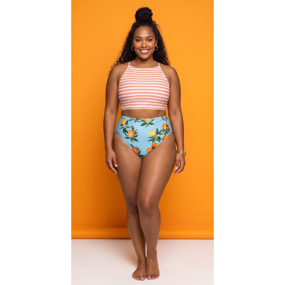 NWT Davi & Dani Citrus Stripe Bikini Set High Waist Orange Lemon Print- 2XL